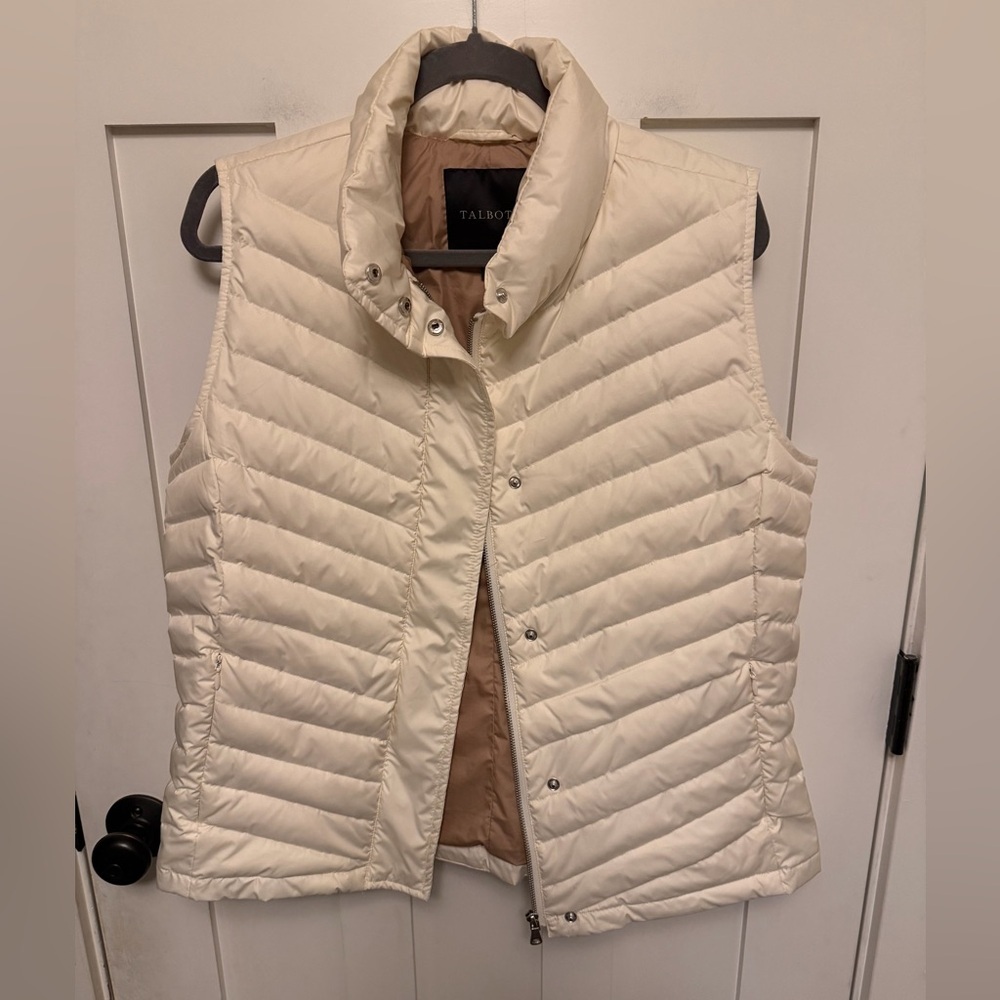 Talbots Down Puffer Vest Size Large Cream Ivory Color Zip Snap Pockets Quilted